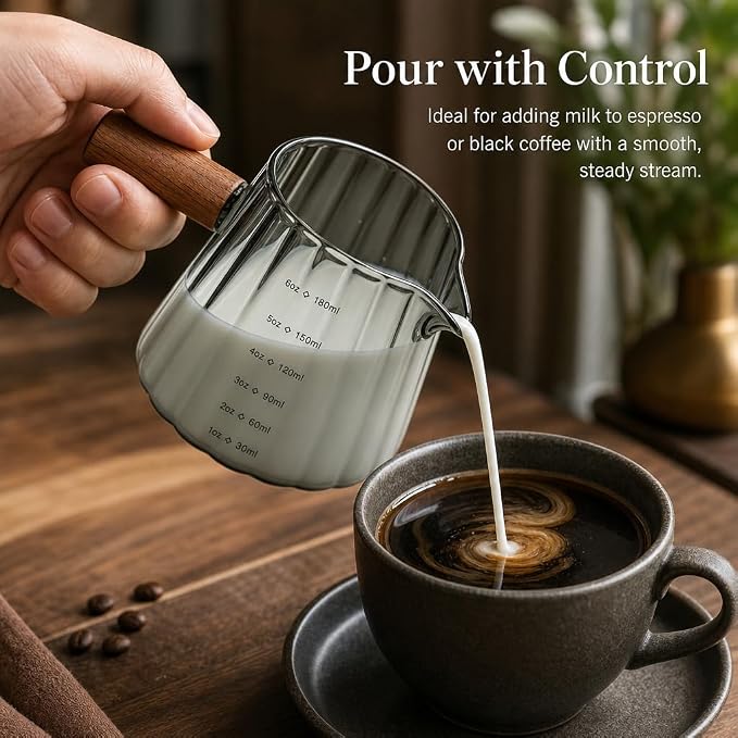 6 oz Espresso Cups - Glass Measuring Cups with Spout - Ribbed Small Creamer Pitcher- Expresso Shots Cup with Wood Handle for Coffee Milk, Dishwasher Safe (Grey, 2 pack)