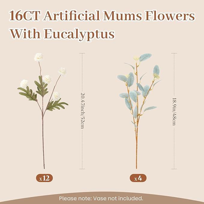 Alupssuc 16PCS Faux Silk Pompon Mums Artificial Flowers with Eucalyptus, Fake Chrysanthemum Floral for DIY Vase Arrangement, Long Stem Dining Table Centerpiece Home Decor, White