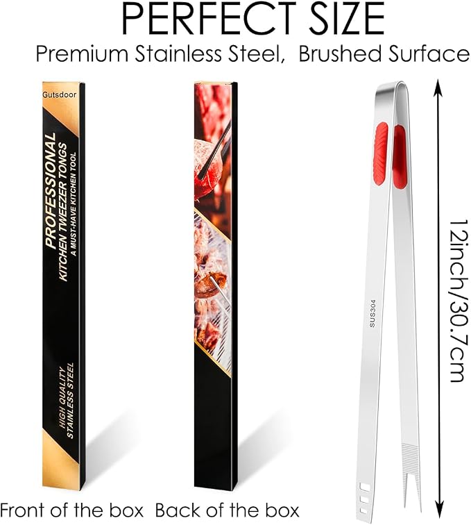 Gutsdoor 12-Inch Professional Kitchen Tweezers Stainless Steel Grill Tongs for BBQ, Grilling, Camping and Home Cooking Multi-Use Precision Cooking Tweezers for Outdoor Grill & Home Kitchens