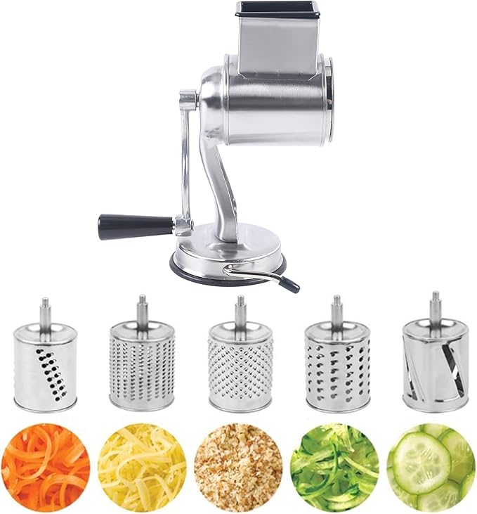 5-in-1 Rotary Cheese Grater Hand Drum Slicer Manual Cheese Shredder Multi-function Stainless Steel Vegetable Chopper Cutter with 5 Blades for Fruit Potato Cucumber Lemon Nut, Silver(Type1)