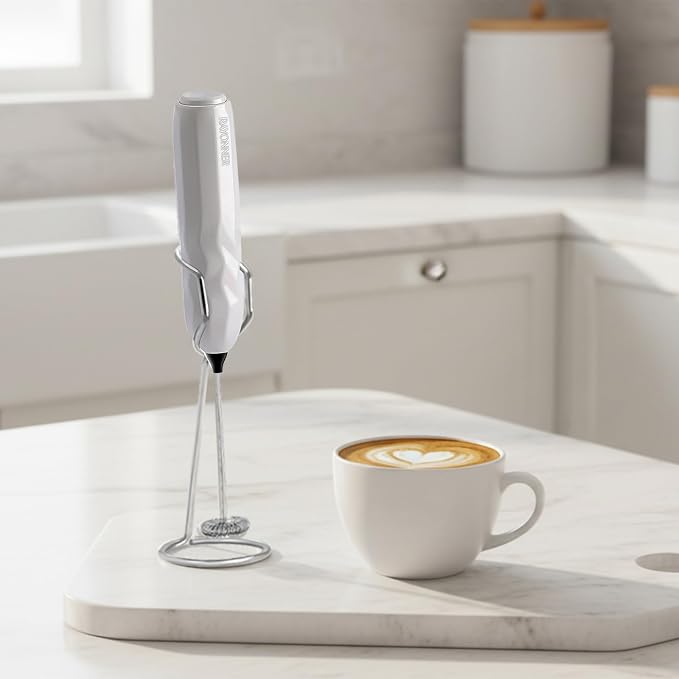 RAYONNER Milk Frother Handheld Fast Powerful Drink Mixer with Stainless Steel Whisk for Coffee (2Pack White with Stand)
