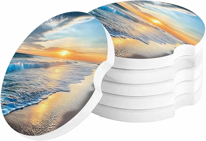 Small Car Coasters for Cup Holders 2.65" Absorbent 6 Pack Car Coaster Ceramic Stone for Drinks Absorb Water Drops Beautiful Sunset Seascape Waves and Beach