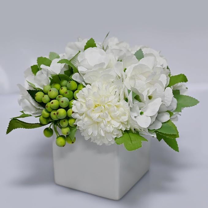 LADADA Flower in Ceramic vase, Artificial Hydrangea Flower Arrangement and vase Home Decoration Artificial Flower (White)