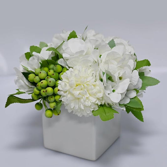 LADADA Flower in Ceramic vase, Artificial Hydrangea Flower Arrangement and vase Home Decoration Artificial Flower (White)