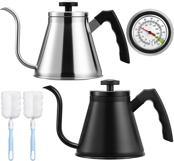 2 Pack 40 oz Gooseneck Kettle with Thermometer Stainless Steel Pour over Coffee Kettle Precision Drip Spout for Stovetop Home Kitchen Camping(Black and Silver)