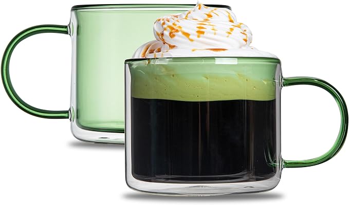 Restaurantware Coffee Cups 2 Pack of 11 oz Double Wall Glass Insulated Coffee Cup Borosilicate Mug Thermal Shock Resistant Handle Modern Design