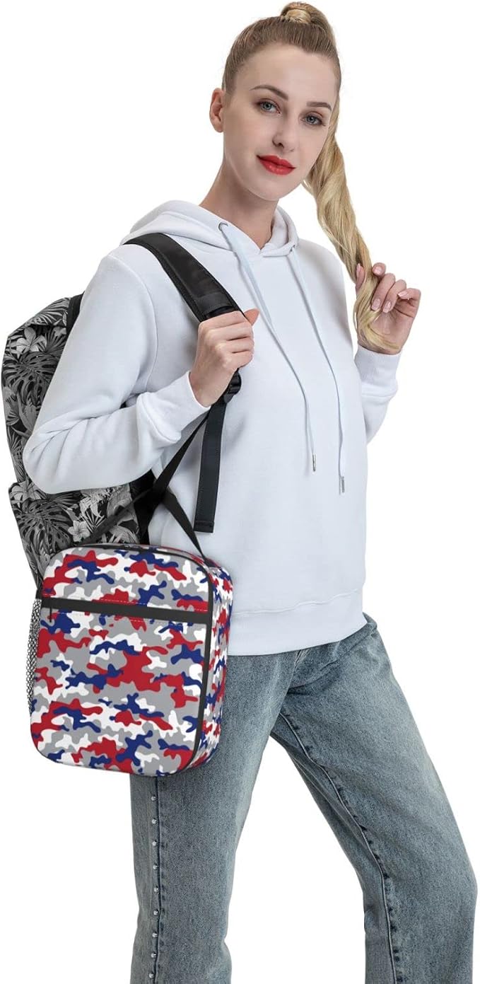 Gianlaima Camo Camouflage Red Blue Insulated Lunch Box For Women Man, Portable Lunch Bag Reusable Cooler Tote For Office Work Travel Picnic Camping Beach
