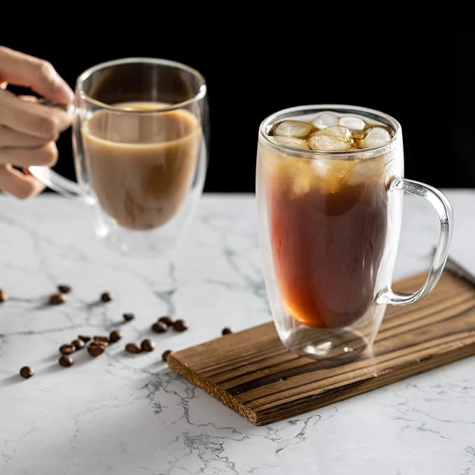 MEWAY 12oz/2 PACK Coffee Mugs,Clear Glass Double Wall Cup with handle for Coffee, Tea, Latte, Cappuccino (12 oz，2)