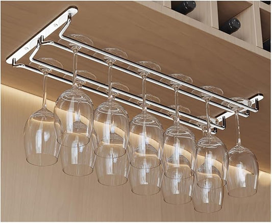 CAKERS Under Cabinet Hanging Stemware Display Rack|304 Stainless Steel Wine Glass Holder|Wine Glass Storage Organizer Hanger,2 Rows,55cm(21.6in)