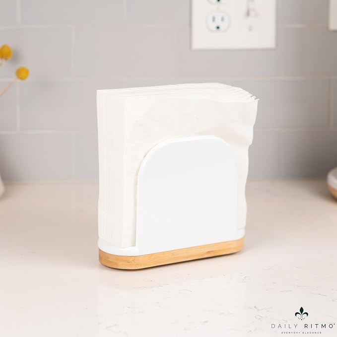 DAILY RITMO® White Standing Napkin Holder with Bamboo Bottom | Extended Weighted Base Vertical Design for Large Disposable Guest Towels & Paper Napkins | Modern Ceramic-Like Resin