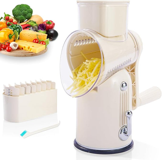 ENERGEVITY Manual Rotary Cheese Grater with Handle, 5 in 1 Replaceable Stainless Blades Cheese Shredder,Strong Suction Base Vegetable Slicer with Cleaning Brush & Bonus Storage Box for Blades (white)