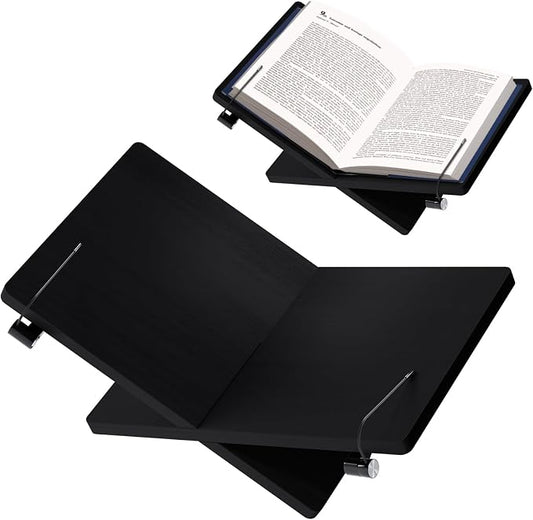 Solid Wood Cookbook Holder with Elastic Page Clips,Wooden Book Stand for Reading, 15.8" x 9.5" x 5.5" Large Display Stand for Kitchen Counter, Hands Free Recipe Reading & Cooking
