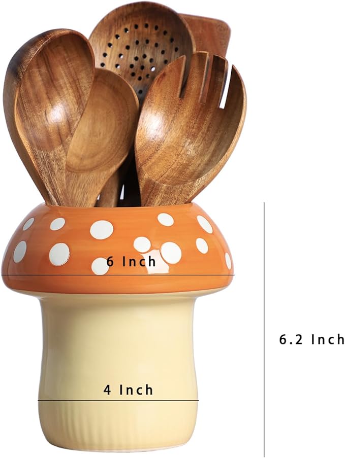 Mushroom Shaped Ceramic Kitchen Utensil Holder, Large Cooking Utensil Crocks for Kitchen Countertop, Ceramic Utensil Organizer for Spatula, Kitchen, Home Decoration-Brown