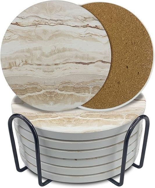 Ceramic Coasters Set of 8, Marble-Textured Design with Holder - Absorbent Cork-Backed Coasters for Cups, Bar & Coffee Table Decor Accessories (Khaki Marble, 8 Pack-Thin)