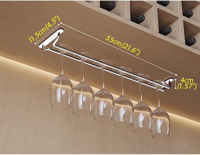 CAKERS Under Cabinet Hanging Stemware Display Rack|304 Stainless Steel Wine Glass Holder|Wine Glass Storage Organizer Hanger,1 Rows,55cm(21.6in)