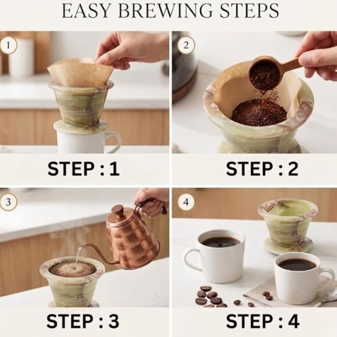 Marble Pour Over Dripper – 4.5 Inch Green Onyx Handmade Coffee Filter Dripper, Manual Pour Over Coffee Maker, Reusable Coffee Brewing Cone for Kitchen Coffee Bar