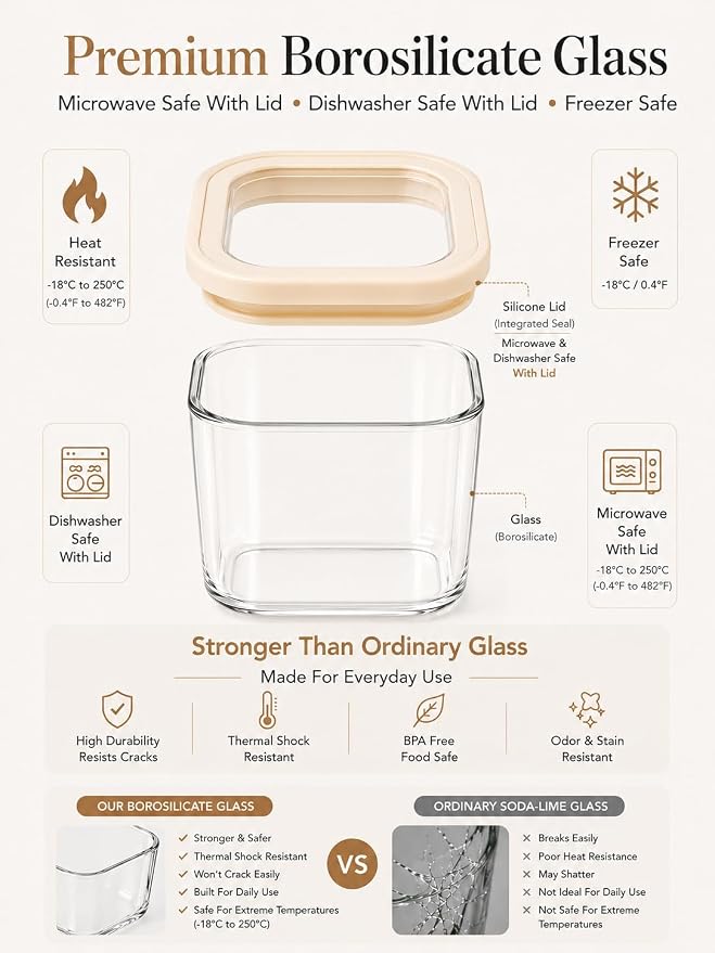 12pcs Square Glass Pantry Storage Containers Set with Glass Lids 0.76Qt/1.22Qt/1.67Qt - Airtight Stackable Kitchen Canisters Sets | 24floz / 40floz / 53floz Glass Pantry Storage Jars