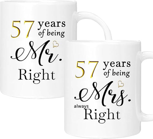 57th Anniversary Coffee Mugs Set of 2, 57 Year Anniversary Wedding Gifts Decorations for Couple Parents Grandparents Men Women Husband Wife Him Her, Gift Box Packaging, 11oz