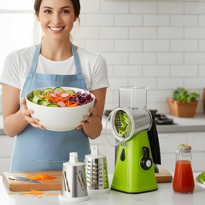 5 In 1 Food Chopper, 2026 New Rotary Cheese Grater - 3 Interchangeable Blades Manual Speed Round Food Slicer, Nut Grinder with Strong Suction Base (White)