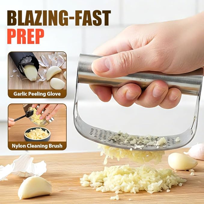 Garlic Press Rocker,Stainless Steel Garlic Presser,Crusher and Chopper,Kitchen Garlic Mincer Tool with Peeler & Cleaning Brush,For Extract Garlic Paste (1 SET)