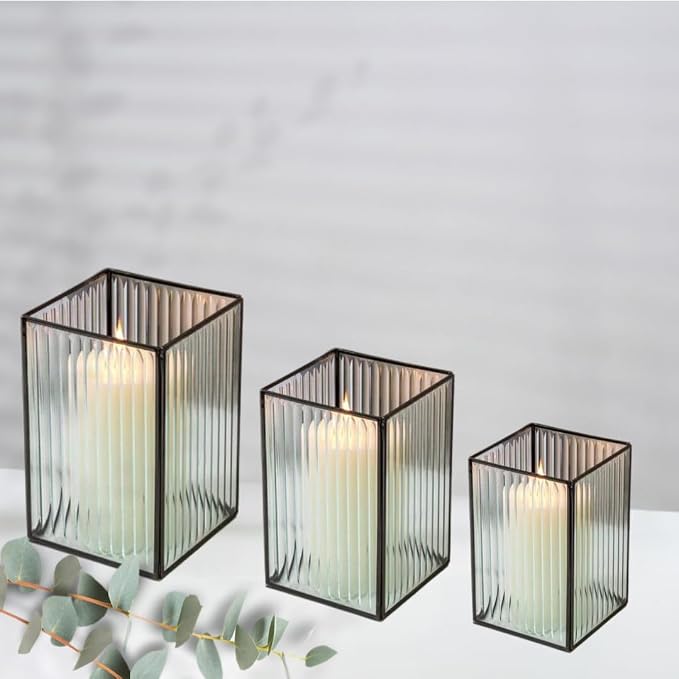 Koyal Wholesale Glass Ribbed Hurricane Candle Holders - Black Pillar Set of 3