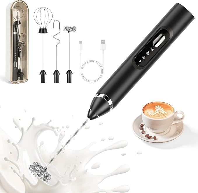 Milk Frother Handheld Rechargeable - 3 Speeds Electric Coffee Frother with 3 Replaceable Whisks, USB-C Portable Foam Maker with Storage Case for Latte, Cappuccino, Egg, Protein Shakes