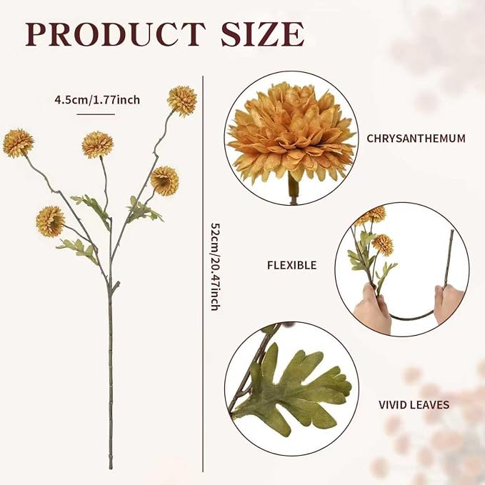 DuHouse 6pcs Artificial Flowers Faux Silk Pompon Mum,Silk Small Mini Chrysanthemum Ball with Stems for DIY Bouquets Centerpieces Vase Home Table Kitchen Decorations(Vintage Yellow)