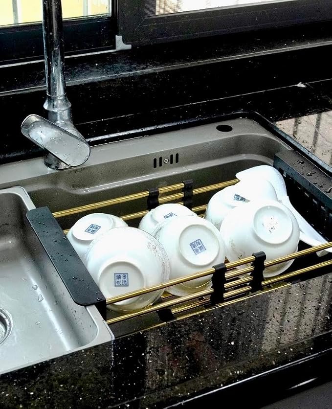 Gold Expandable Dish Drying Rack Over the Sink, Adjustable Stainless Steel Sink Drying Rack for Plates, Bowls & Utensils, Space-Saving Kitchen Counter Drainer(10-18 in)
