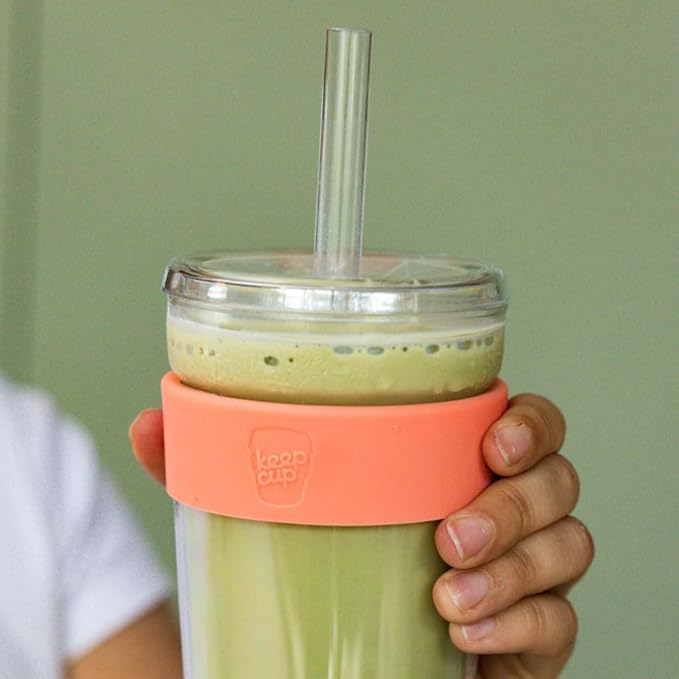 KeepCup Cold Cup - Longplay Double wall Glass Ice Coffee Tumbler with Lid and Straw - 12oz (340ml) - Californian Shrimp
