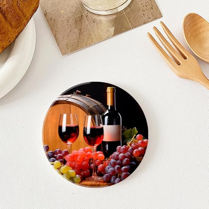 1 Pcs Coffee Cup Coasters for Drinks, Bottle of Red Wine Round Absorbent Non-Slip Ceramic Stone Cork Coasters for Kitchen Living Room Office Decoration Bar (4 * 4 Inch)