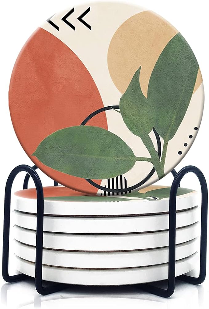 HOPONY Coasters for Drinks,6 Pieces Ceramic Stone Coaster Set with Metal Holder Stand, Cork Base,Absorbent Cups Place Mats for Home Decor,Abstract Leaf