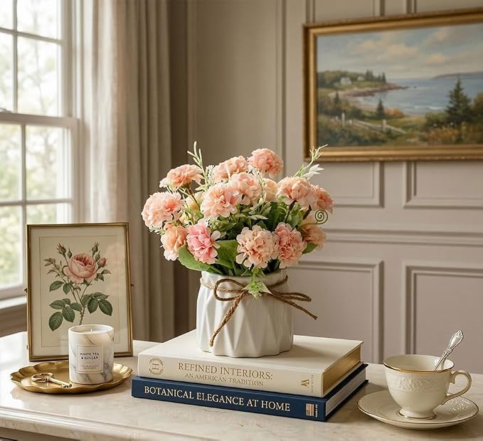 TKAS Fake Flowers Arrangement in Ceramic Vase, Artificial Faux Silk Hydrangea, Small Realistic Dried-Style Floral, Dining Table Centerpiece for Wedding Party Home Decoration (Pink)