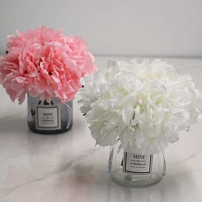 Artificial Pink Peony Flowers in Vase,Wedding Table Centerpiece Home Decor | Realistic Silk Faux Peonies with Small Glass Vase, Fake Flower Table Centerpiece for Bedroom Cafe Wedding Indoor Decoration