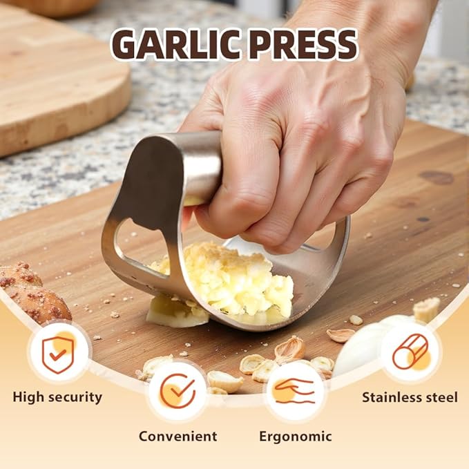 Stainless Steel Garlic Press, 2025 Upgrade Arc Shape Stainless Steel Ring Garlic Chopper, Garlic Presse Rocker Garlic Press Mincer Crusher Press, Home Heavy Duty Handle Garlic Chopper (2)