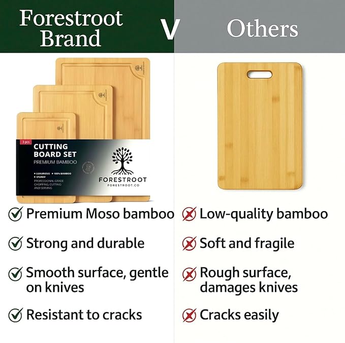 Bamboo Cutting Board Set – 3-Piece Wooden Kitchen Boards for Meal Prep & Serving – Durable Bamboo with Deep Juice Groove & Side Handles – Great for Meat, Vegetables & Charcuterie