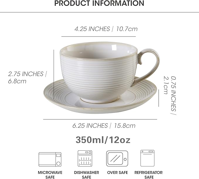 12Oz Coffee Cups with Saucers, Ceramic Espresso Cup Set of 4, Cappuccino Cups Set, Tea Mugs and Saucer, Microwave Dishwasher Safe Drinkware for Home, Cafe, Housewarming Gifts