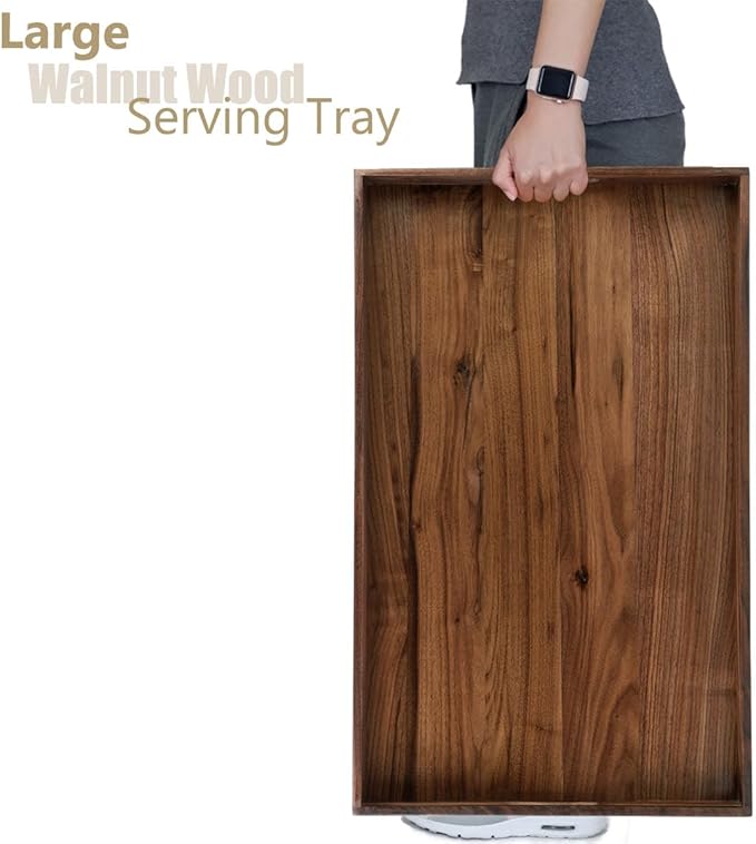 26 x 16 Inches Extra Large Rectangle Black Walnut Wood Ottoman Tray with Handles, Serve Tea, Coffee or Breakfast in Bed, Classic Wooden Decorative Serving Tray