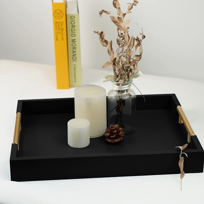 Wooden Decorative Coffee Table Tray, 16" Matte Finish Serving Tray with Handles for Ottoman, Living Room, Perfume, Vanity Dresser Organizer (Carbon Black)