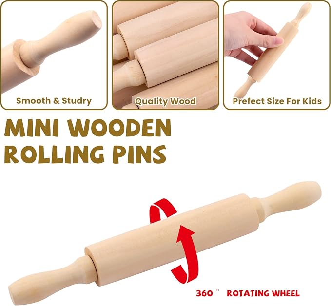 12 Pack 8 Inch Mini Wood Rolling Pin,Great for Children Kids Girls and Boys,Small Wooden Rollers for Art and Crafting,Baking,Cookie Dough,Cooking,Clay,Play Doh