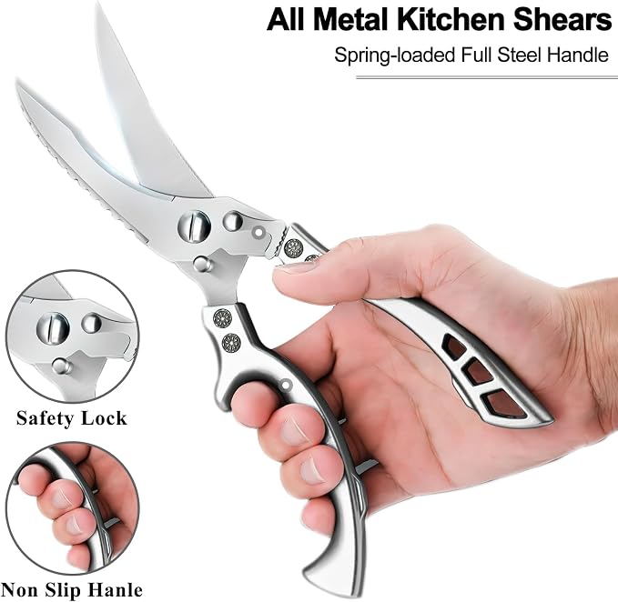 Zicolu Poultry Shears Heavy Duty Professional, Multipurpose Kitchen Shears with Sheath, Spring-Loaded Stainless Steel Chef Scissors Cutting Bone, Chicken, Fish, Food, Meat, Full Steel Handle Silver
