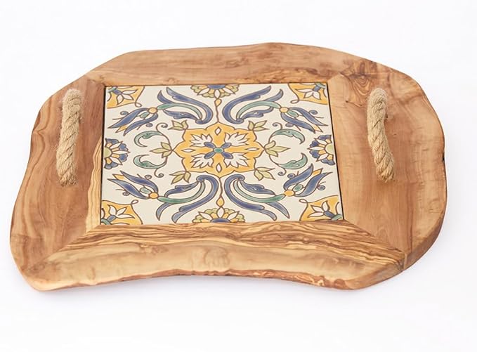 Kamsah Olive Wood Serving Tray with Handles (L:10”, W:10”) Decorative Square Serving Trays for Serving Food, Drinks, Tea, Coffee - Rustic Vintage Wooden Serving Tray for Table & Gifts - Arabesque