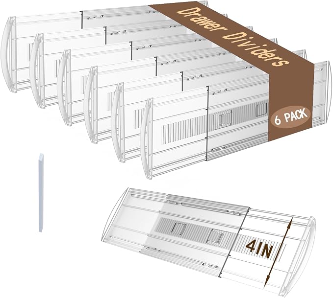 6 Pack Adjustable Drawer Dividers for Clothes,4" High Expandable From 13-21" Clear Drawer Organizers, PC Plastic Separators for Dresser/Bedroom/Bathroom/Kitchen/Office Storage