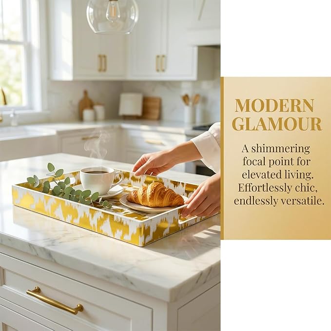 White & Gold Glitter Abstract Serving Tray with Handles, 15.8”x11.7”x1.6” Rectangular Decor Tray – Multipurpose for Breakfast in Bed, Bathroom Vanity, Living Room & Entertaining