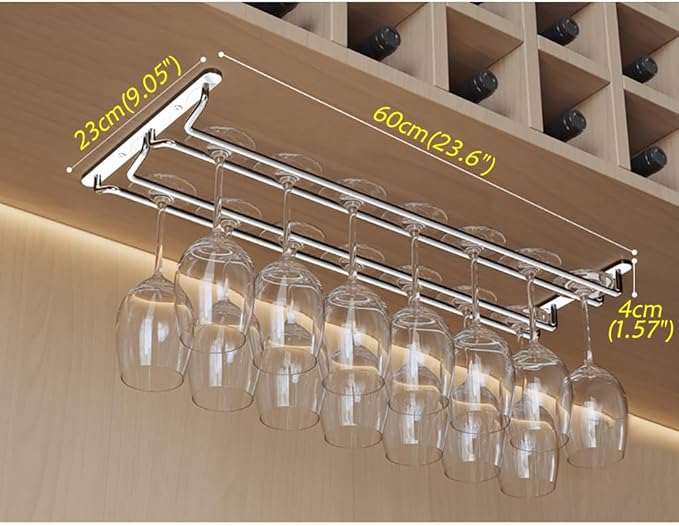 CAKERS Under Cabinet Hanging Stemware Display Rack|304 Stainless Steel Wine Glass Holder|Wine Glass Storage Organizer Hanger,2 Rows,60cm(23.6in)