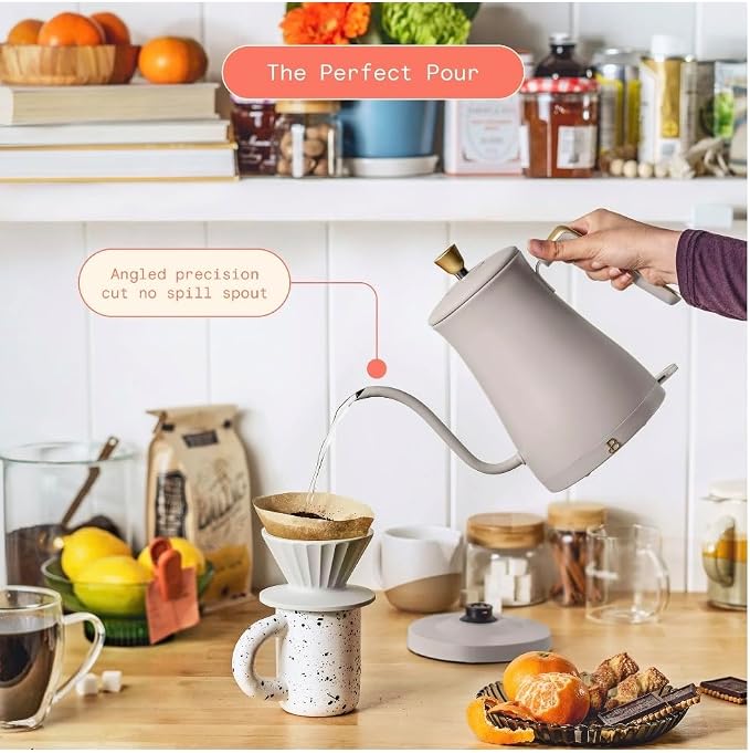 Beautiful Electric Gooseneck Kettle, 1 Liter, 1200W, Stainless Steel Interior, Fast Boil, Precision Pour Spout, Auto Shut-Off & Boil-Dry Protection (Beige)