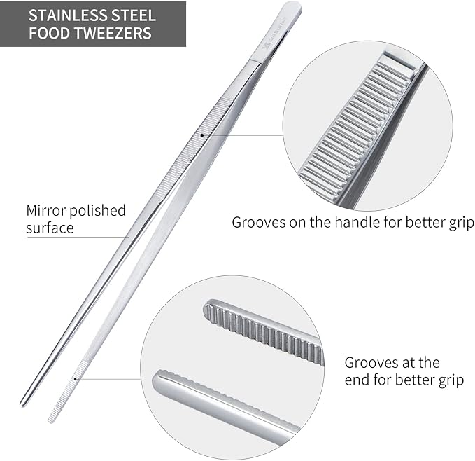 12 Inch Kitchen Tweezers Fine Tweezer Tongs, MSY BIGSUNNY Stainless Steel Food Tweezers Multi-function Precision Serrated Tips Cooking Tongs Kitchen Serving Tong