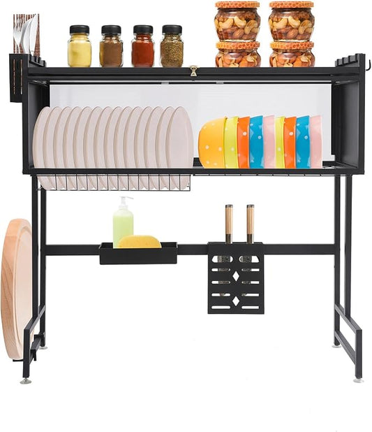 Over The Sink Dish Drainer with Cover, 2 Tier Dish Drying Rack for Kitchen Counter, 33" W Sink Drying Rack for Dishes, Glasses, Bowls, and Cutlery
