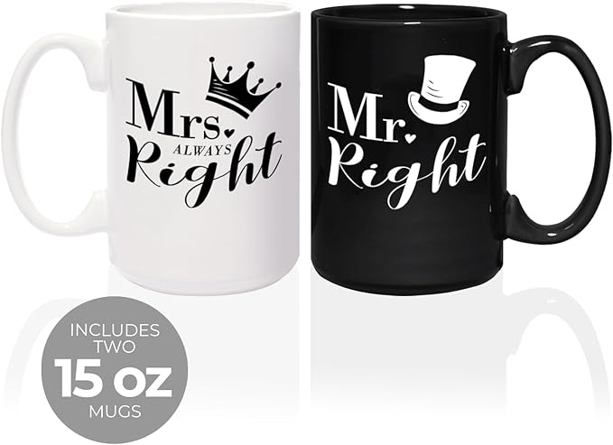 Mr. Right And Mrs. Always Right Mugs / 2 Jumbo 15 Ounce Black And White Matching Ceramic Mugs / Funny Couples Wedding Coffee Cup Present Set / One Black Mug One White Mug Relationship Cup Pair