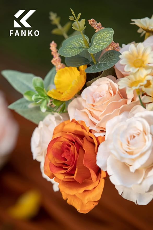 FANKO Artificial Flowers for DIY, Orange Peach Yellow Faux Flowers Bouquet, Fake Flowers with Roses Daisy Silk Flowers for Vase, Home Decor, Wedding Centerpiece, Floral Arrangement Décor, Party