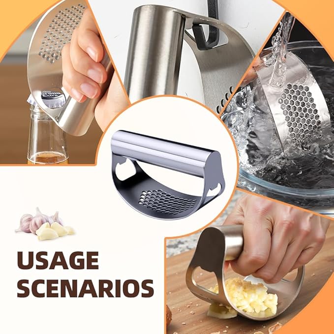 Stainless Steel Garlic Press, 2025 Upgrade Arc Shape Stainless Steel Ring Garlic Chopper, Garlic Presse Rocker Garlic Press Mincer Crusher Press, Home Heavy Duty Handle Garlic Chopper (2)